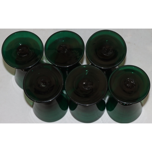 57 - A set of 6 18th/19th Century Bristol green glass round trumpet shaped glasses with knob stems on rou... 