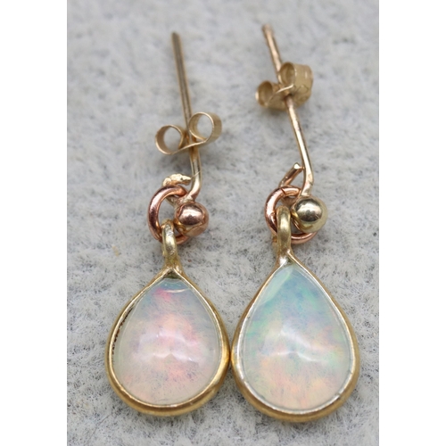 572 - A pair of 9ct gold opal drop earrings, 2cm long