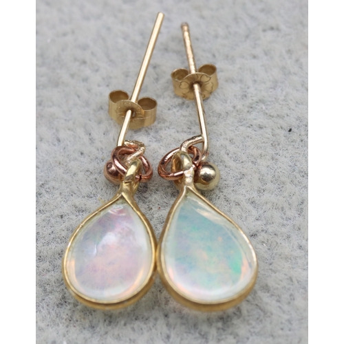 572 - A pair of 9ct gold opal drop earrings, 2cm long