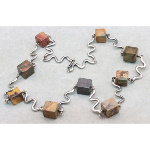 576 - An Artisan made silver and square hardstone necklace, 69.5cm long