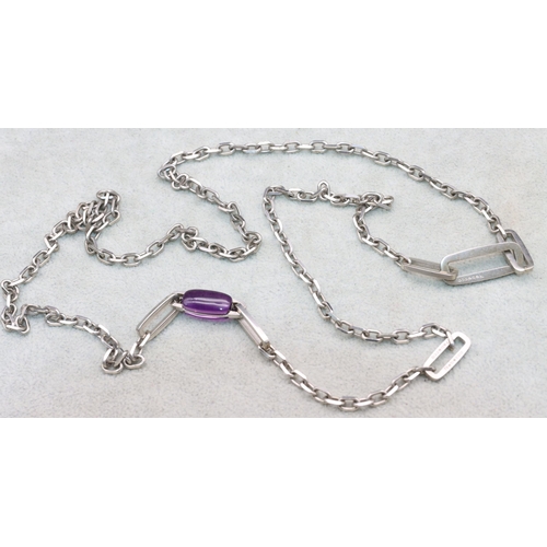 577 - A silver long necklace set with amethyst, stamped 