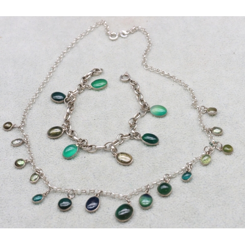 592 - A silver and green Chalcedony drop necklace with matching bracelet, 16.7 grams gross