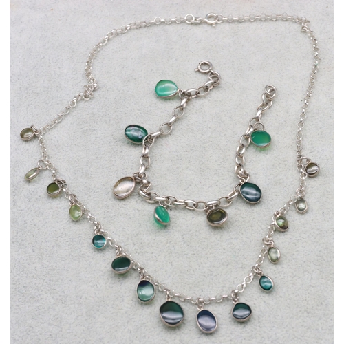 592 - A silver and green Chalcedony drop necklace with matching bracelet, 16.7 grams gross