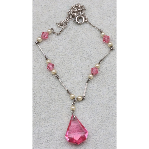 594 - An Art Deco style silver and pink crystal block necklace, 4.3 grams gross