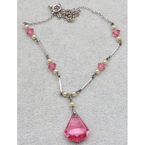 594 - An Art Deco style silver and pink crystal block necklace, 4.3 grams gross