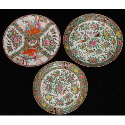 6 - A Cantonese round plate on white and green ground with multi-coloured bird, butterfly, floral and le... 