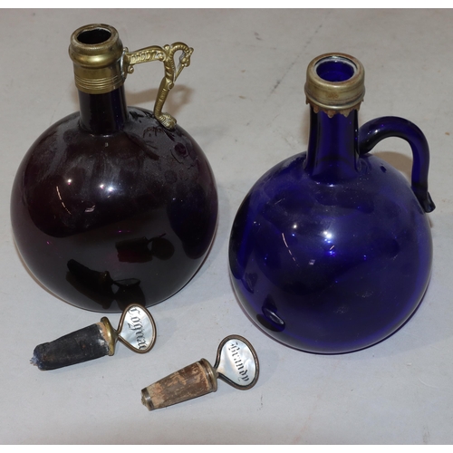 60 - A Georgian purple Bristol glass bulbous shaped decanter with metal neck and handle with stopper 