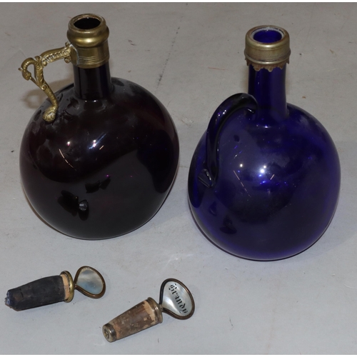 60 - A Georgian purple Bristol glass bulbous shaped decanter with metal neck and handle with stopper 