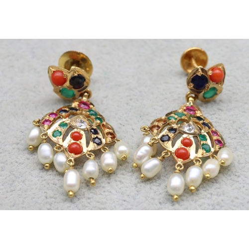 604 - A pair of Indian 22ct gold drop earrings mounted with various coloured stones with screw backs, 4cm ... 