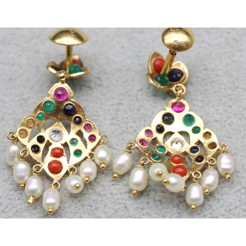 604 - A pair of Indian 22ct gold drop earrings mounted with various coloured stones with screw backs, 4cm ... 