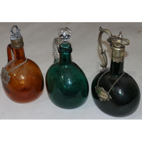 61 - A Georgian Bristol green glass round bulbous shaped claret jug with silver plated neck, scroll handl... 