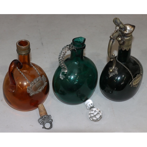 61 - A Georgian Bristol green glass round bulbous shaped claret jug with silver plated neck, scroll handl... 