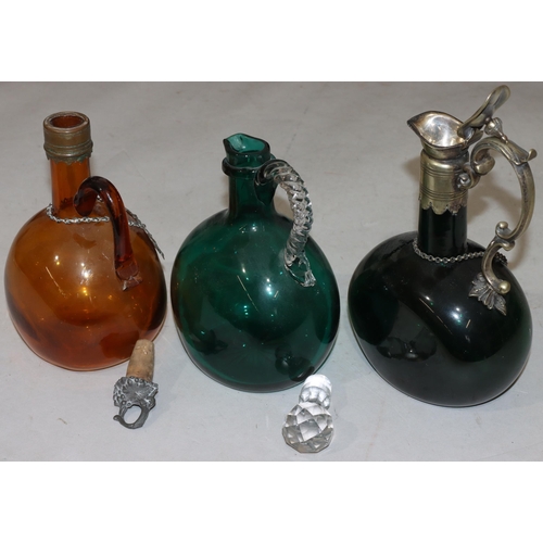 61 - A Georgian Bristol green glass round bulbous shaped claret jug with silver plated neck, scroll handl... 