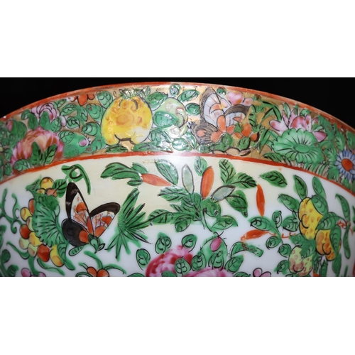 7 - A Cantonese round bowl on white ground with multi-coloured bird, butterfly, floral and leaf decorati... 