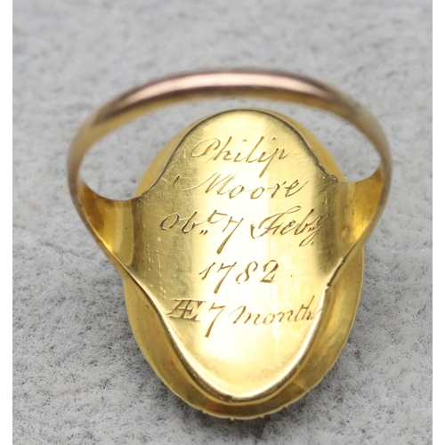 703 - An 18th Century Mourning gold ring with oval top, inset with plaited hair surrounded by half pearls ... 