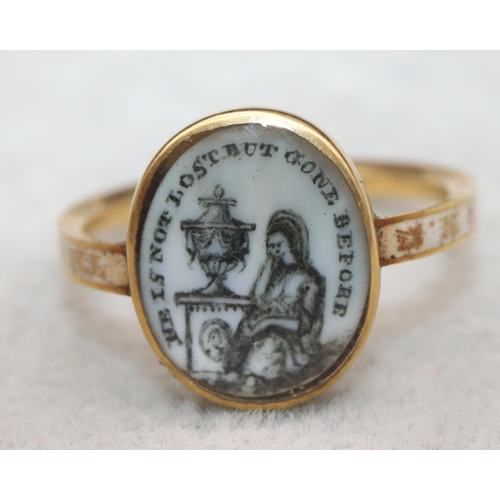 704 - An 18th Century gold and enamelled Mourning ring with oval top depicting a 3/4 length portrait of a ... 