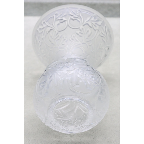 72 - A Lalique frosted glass small round bulbous trumpet shaped vase with raised leaf and scroll decorati... 