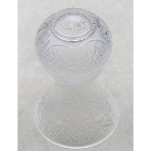 72 - A Lalique frosted glass small round bulbous trumpet shaped vase with raised leaf and scroll decorati... 