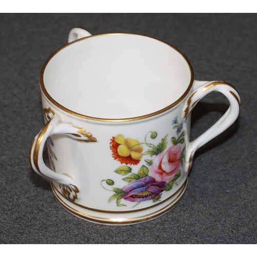 75 - A 19th Century Derby small 3-handled cup on white ground with hand painted floral, leaf and gilt dec... 