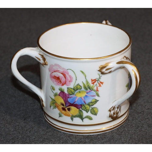 75 - A 19th Century Derby small 3-handled cup on white ground with hand painted floral, leaf and gilt dec... 