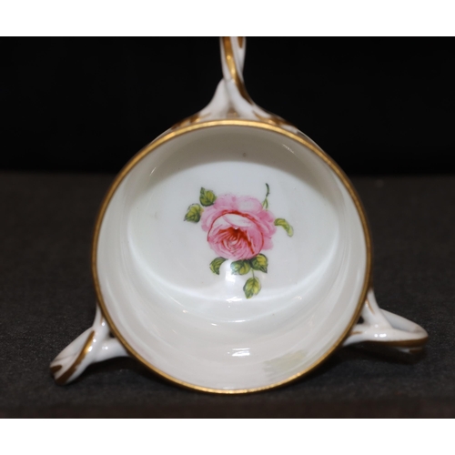 75 - A 19th Century Derby small 3-handled cup on white ground with hand painted floral, leaf and gilt dec... 