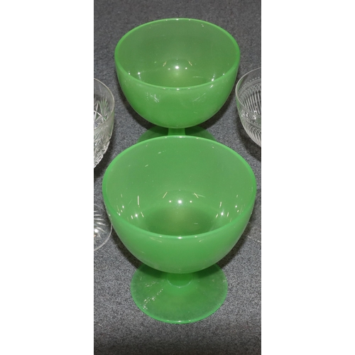 77 - A set of 10 Webb cut crystal glasses, 12cm high, a set of 7 engraved glasses and a pair of green gla... 