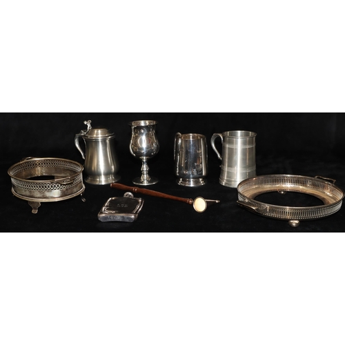 806 - A Crown & Rose pewter bulbous shaped tankard with hinged lid, a Crown & Rose pewter tankard, a simil... 