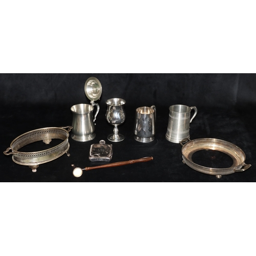 806 - A Crown & Rose pewter bulbous shaped tankard with hinged lid, a Crown & Rose pewter tankard, a simil... 