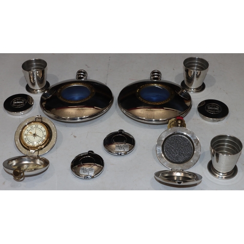 808 - A pair of large Grants of Dalvey circular hip flasks, 15.5cm high, 1 smaller similar circular hip fl... 