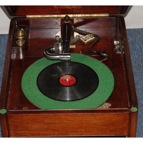 818 - An HMV mahogany gramophone, labelled JB Cramer & Co. Liverpool Ltd., 56cm deep, 46cm wide, 40cm high... 