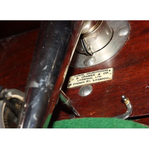 818 - An HMV mahogany gramophone, labelled JB Cramer & Co. Liverpool Ltd., 56cm deep, 46cm wide, 40cm high... 