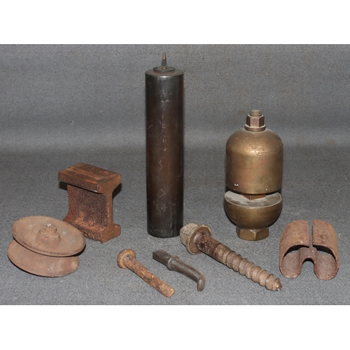 877 - A Loco Steam heavy brass whistle, 19cm high and 7 various heavy metal railways memorabilia etc. (8)