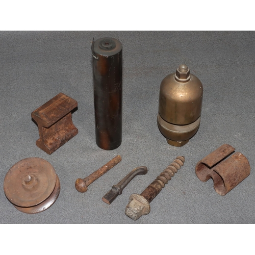 877 - A Loco Steam heavy brass whistle, 19cm high and 7 various heavy metal railways memorabilia etc. (8)