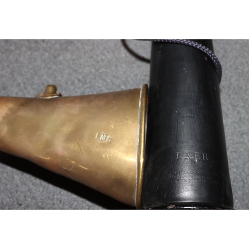 879 - LNER Hudson & Co. Signal Horn, 30cm long and another black railway trumpet shaped horn, 36cm long (2... 