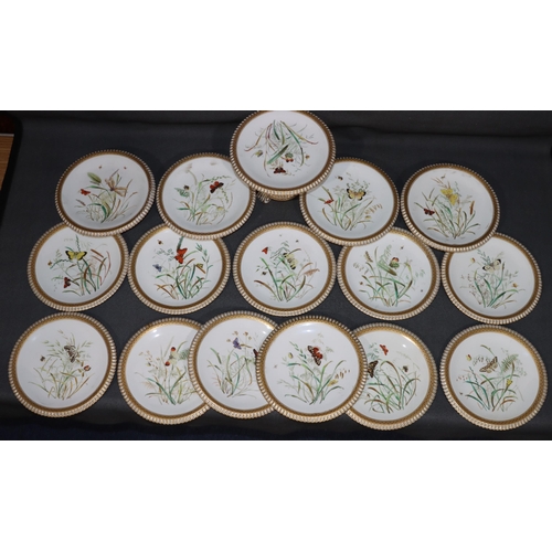 88 - A Royal Worcester fruit service on white ground with hand painted multi-coloured butterfly, insect a... 