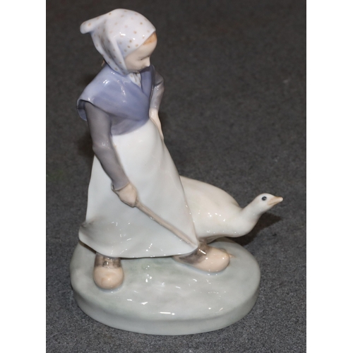 94 - A Royal Copenhagen group of a standing young lady with goose on oval base, 18.5cm high