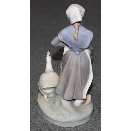 94 - A Royal Copenhagen group of a standing young lady with goose on oval base, 18.5cm high