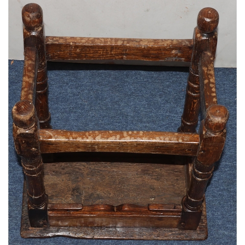 985 - An oak rectangular shaped joint stool with thumb pattern frieze with open barley twist legs and stre... 