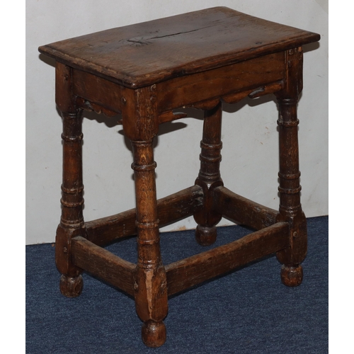 987 - An 18th/19th Century oak rectangular shaped joint stool with shaped frieze, turned legs and stretche... 