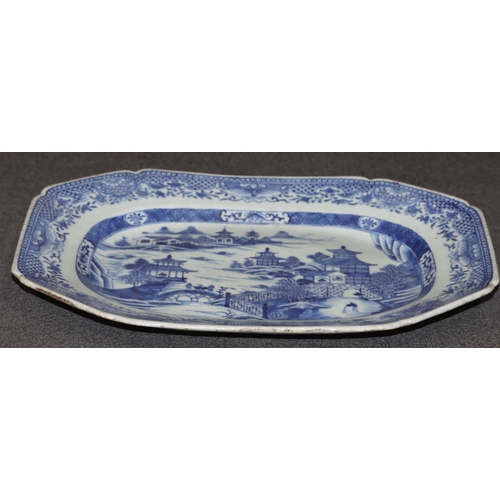 105 - An 18th Century Chinese blue and white rectangular shaped meat plate with figure, building, fence an... 