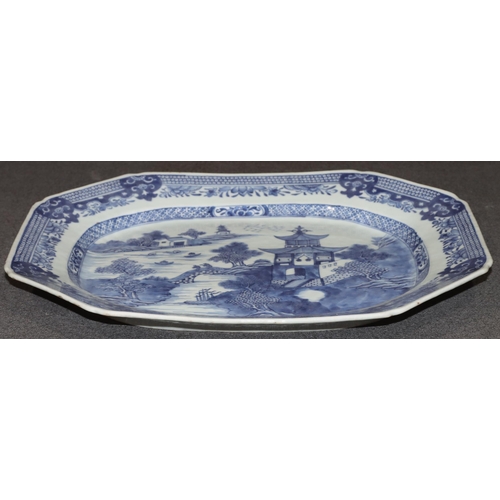 106 - An 18th Century Chinese blue and white rectangular shaped meat plate with river landscape, figure an... 