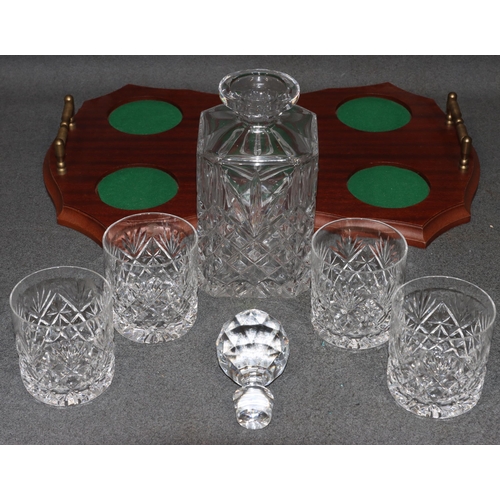 115 - A Mappin & Webb cut glass decanter with stopper and 4 matching tumblers, with rectangular scallop sh... 