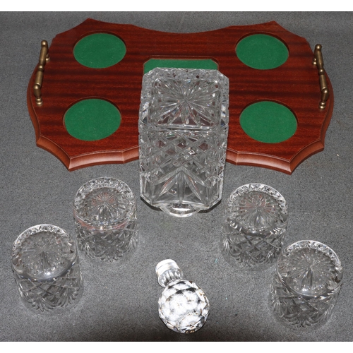 115 - A Mappin & Webb cut glass decanter with stopper and 4 matching tumblers, with rectangular scallop sh... 