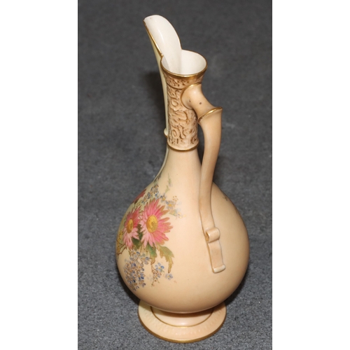 116 - A Royal Worcester blush round bulbous thin necked jug with multi-coloured floral, leaf and gilt deco... 