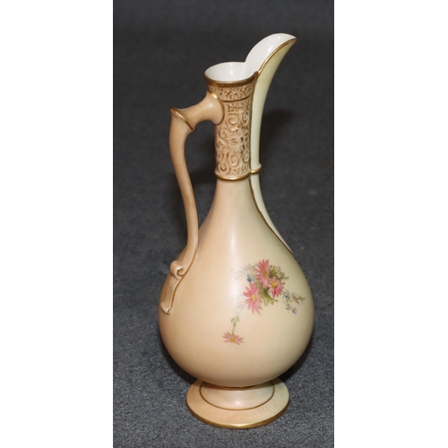 116 - A Royal Worcester blush round bulbous thin necked jug with multi-coloured floral, leaf and gilt deco... 