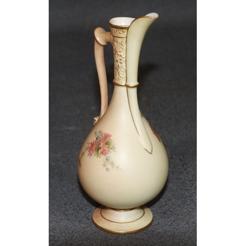 116 - A Royal Worcester blush round bulbous thin necked jug with multi-coloured floral, leaf and gilt deco... 