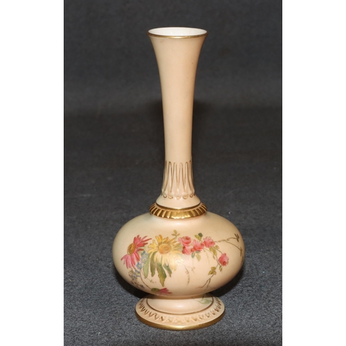 117 - A Royal Worcester Blush round bulbous thin necked trumpet shaped vase with multi-coloured floral, le... 