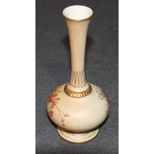 117 - A Royal Worcester Blush round bulbous thin necked trumpet shaped vase with multi-coloured floral, le... 