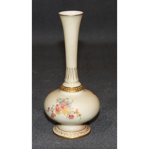 117 - A Royal Worcester Blush round bulbous thin necked trumpet shaped vase with multi-coloured floral, le... 