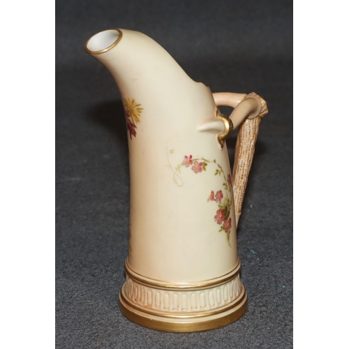 118 - A Royal Worcester Blush round jug with horn shaped handle and multi-coloured floral, leaf and gilt d... 